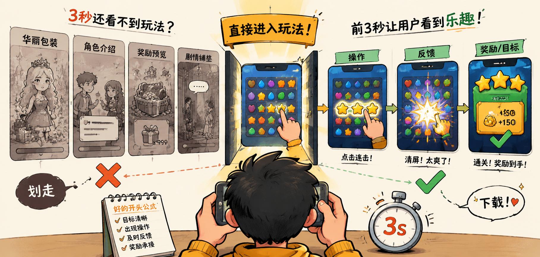 休闲游戏买量素材和 SLG、RPG 的开场不一样。